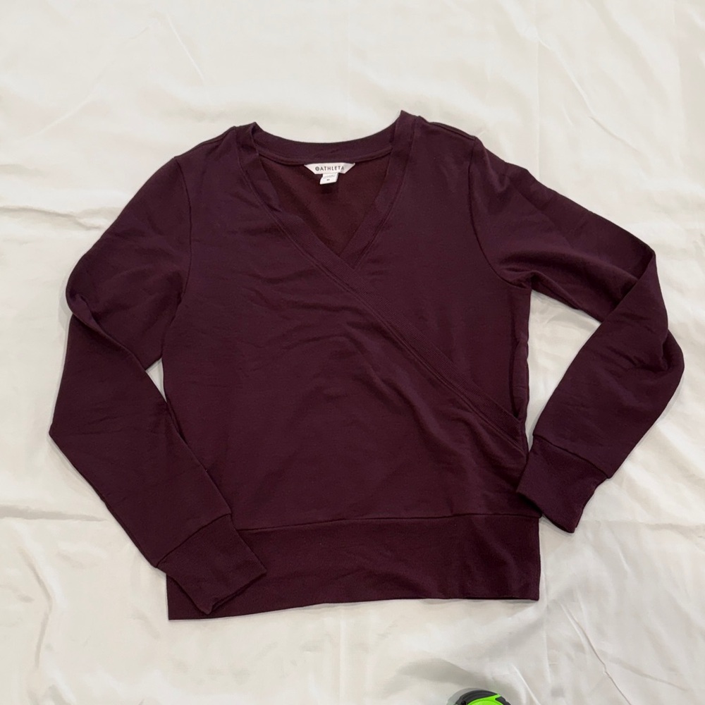 Athleta Recharge Sweatshirt V-Neck Wrap Front Top - Deep Plum—Medium
